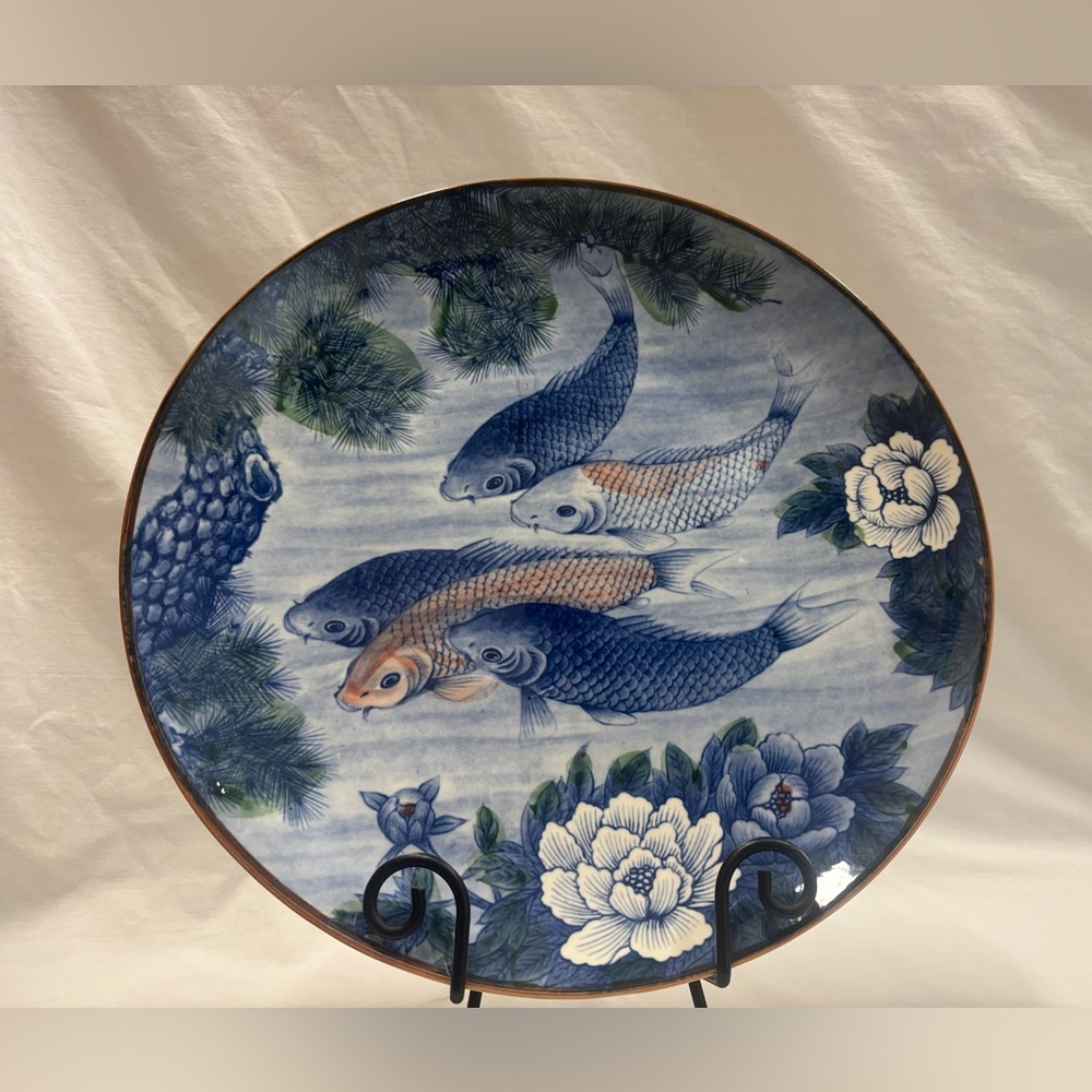 Koi Fish Large Platter 14” Ceramic Hand Painted Blue & White Koi Fish Decorative